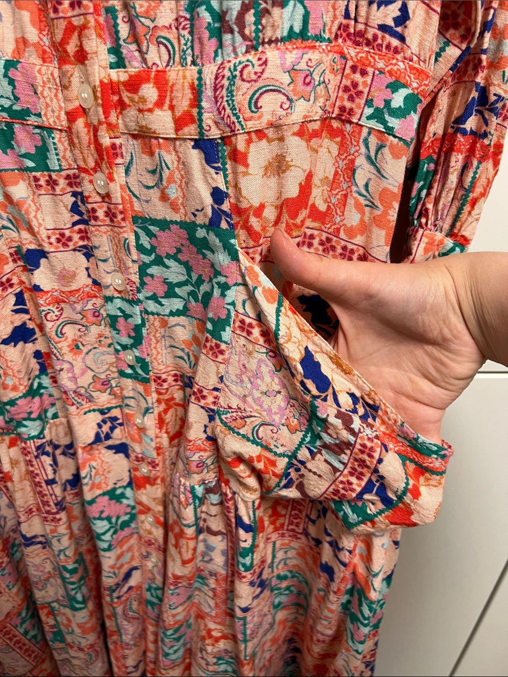 VENUS Linen Pink Patchwork Print Long-Sleeve Maxi Shirt Dress - Picture 10 of 17